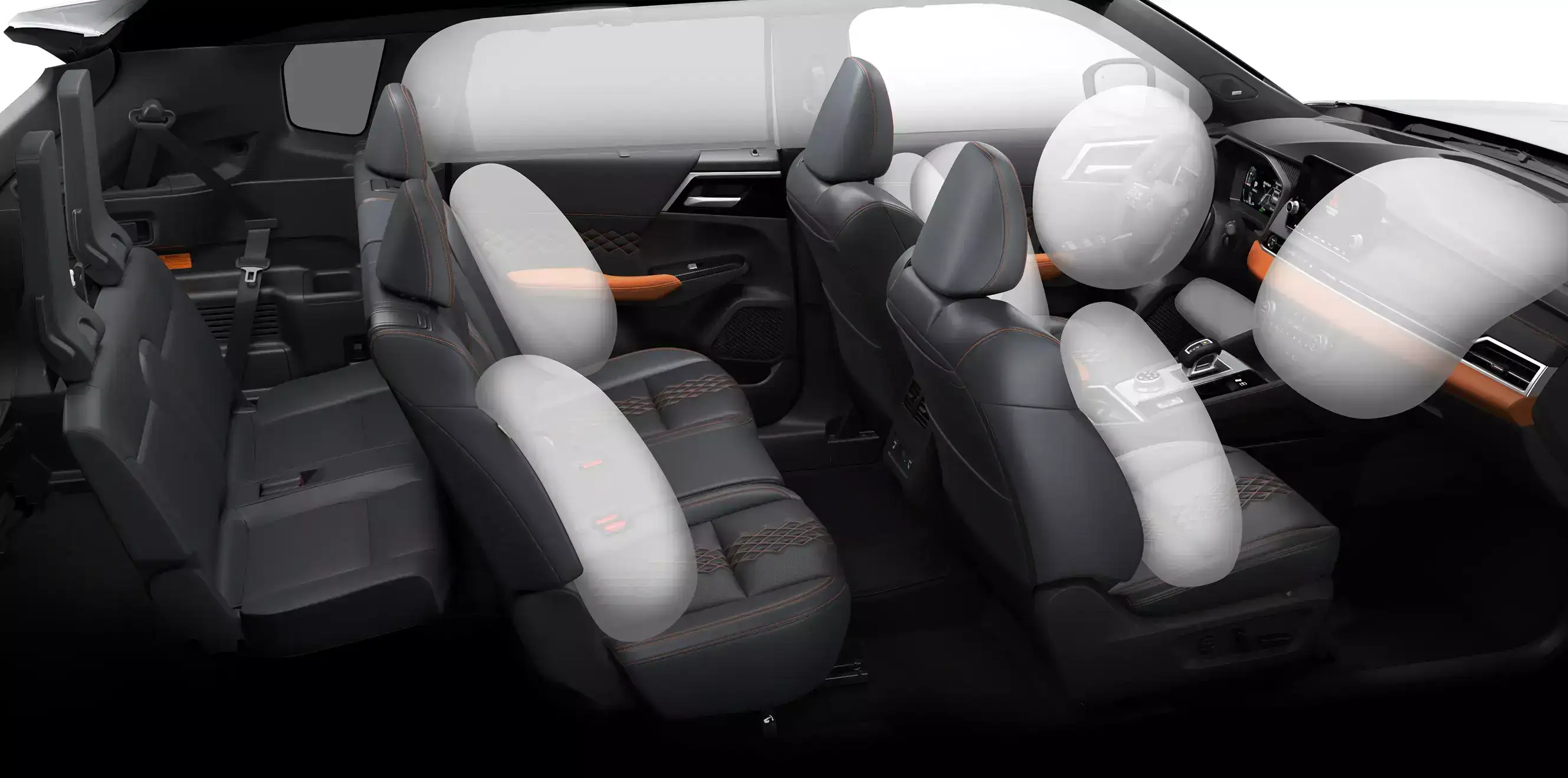 Luxurious black leather interior showing third-row seating in the 2024 Mitsubishi Outlander PHEV SUV